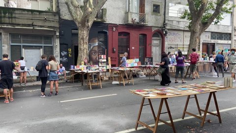 Montevideo , Montevideo , Uruguay - 01 23 2022: People shopping books at street market