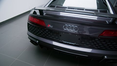 Montreal , Canada - 04 01 2021: Rear Exterior Detail Of Audi R8 V10 Performance With Carbon Fiber Spoiler Wing, Rear Window Defroster, And Chrome Emblem