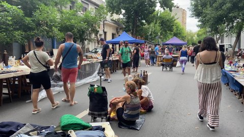 Montevideo , Montevideo , Uruguay - 01 23 2022: People shopping at street open market