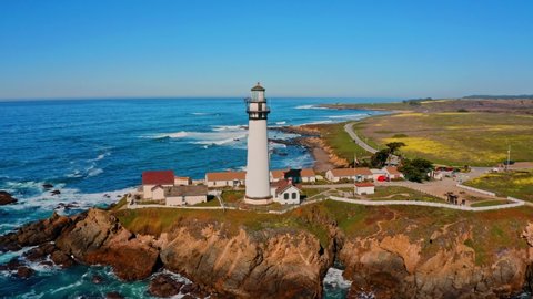 Aerial around the Pigeon Point Lighthouse on the California Coast.