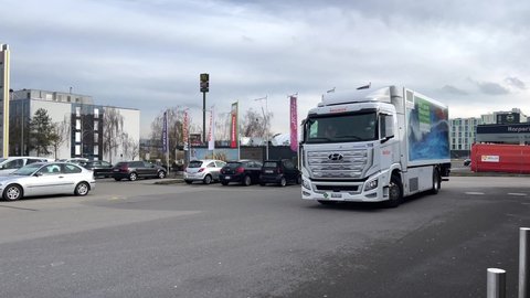 Rümlang , Switzerland - 02 02 2022: Hyundai Hydrogen fuel cell truck driving in car park