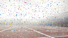 Animation of confetti falling and mist over empty stadium. sports and competition concept digitally generated video.