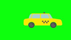 Taxi. Side view. Cartoon yellow taxi car. The car moves forward, exhaust gases appear, and periodically disappear from behind. Harm to the environment from emissions. 2D looped video on chroma key
