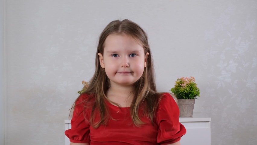Portrait of sweet little girl age 4 in red dress at home