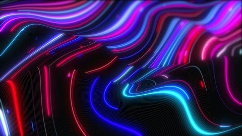Animated colorful neon curves moving on the dark surface. Wavy and curly glowing lines flowing fast on abstract technology waves. Creative background with light fluorescent traces and network wires.