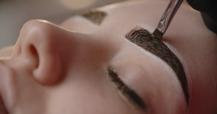A beautician does henna eyebrow tinting for the young woman, cosmetological procedures and beautycare, 4k Prores 60p Royalty-Free Stock Footage #1087310852