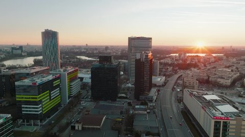 Aerial view of the Pipera area in Bucharest, Golden hour shot, mavic 3 