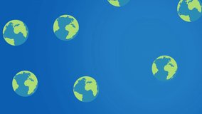 Animation of globes over blue circles on blue background. global environment, green energy and digital interface concept digitally generated video.