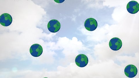 Animation of globe icons over clouds. global environment, green energy and digital interface concept digitally generated video.
