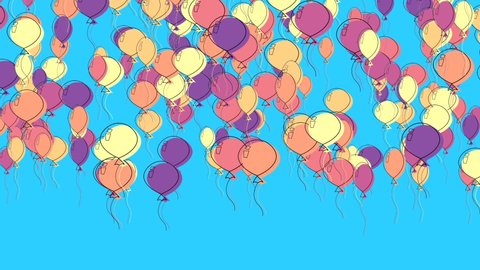 Lots of colorful balloons fly on blue sky background 2D animation 4K. Concept of holiday and celebration