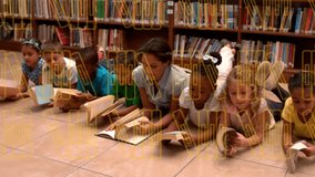 Animation of books moving over teacher and happy school children reading books. children's book day, reading and education concept digitally generated video.