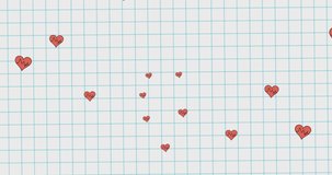 Animation of hearts falling over mathematical equations in school notebook. learning and maths education concept digitally generated video.