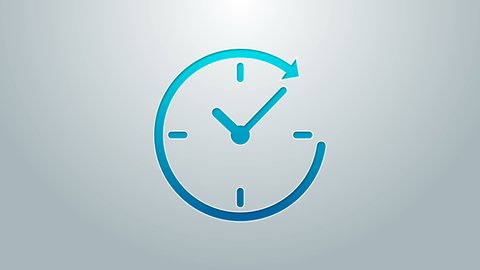 Blue line Clock with arrow icon isolated on grey background. Time symbol. Clockwise rotation icon arrow and time. 4K Video motion graphic animation.