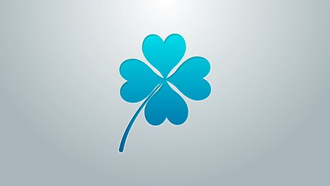Blue line Four leaf clover icon isolated on grey background. Happy Saint Patrick day. 4K Video motion graphic animation.