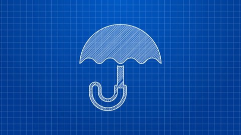 White line Classic elegant opened umbrella icon isolated on blue background. Rain protection symbol. 4K Video motion graphic animation.