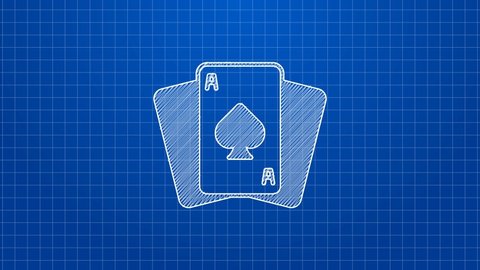White line Playing cards icon isolated on blue background. Casino gambling. 4K Video motion graphic animation.