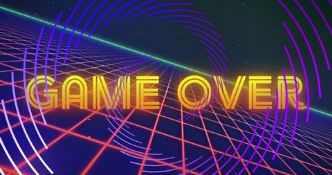 Animation of game over text with shapes over black backround. retro communication and video game concept digitally generated video.