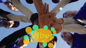 Animation of vibes text with diverse people teaming up. retro communication and social media concept digitally generated video. - Powered by Shutterstock - Get 15% off with code: PIKWIZARD15