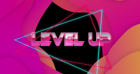 Animation of level up text with shapes over black backround. retro communication and video game concept digitally generated video.