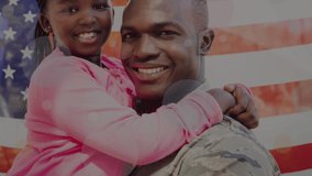 Animation of veterans day text over smiling african american soldier with daughter. patriotism and celebration concept digitally generated video.