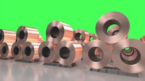 3d rendering roll of copper sheets or heap of copper tapes on green screen HD footage