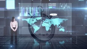 Animation of statistics with data processing, businesswoman and stopwatch. global business and productivity concept digitally generated video. - Powered by Shutterstock - Get 15% off with code: PIKWIZARD15