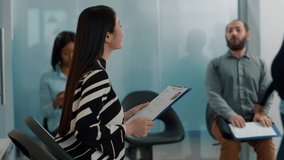 Pregnant worker inviting female applicant to attend job interview with HR team in company office. Candidate and employee joining employment meeting, having cv information files. - Powered by Shutterstock - Get 15% off with code: PIKWIZARD15