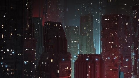 Futuristic, Dystopian Sci-Fi City at Night Establishing Shot - Tilt Down