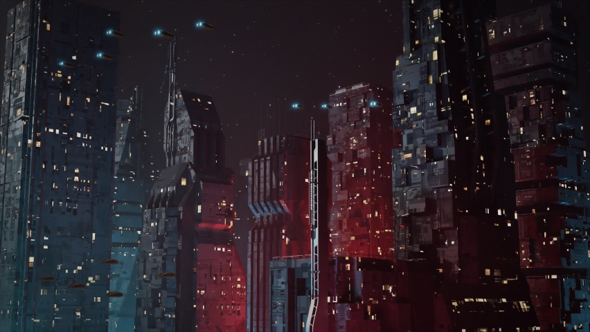 Futuristic, Dystopian Sci-Fi City at Night Establishing Shot - With Flying Cars and Spaceship Royalty-Free Stock Footage #1087334603
