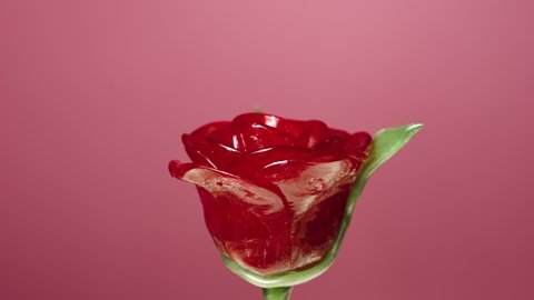 Lollipop in the form of a red rose flower rotating on a pink background. Sweet candies with fruit flavor. Lollypop. Sugar dessert for children's birthday. Slow motion ready, 4K at 59.94fps. Close up.