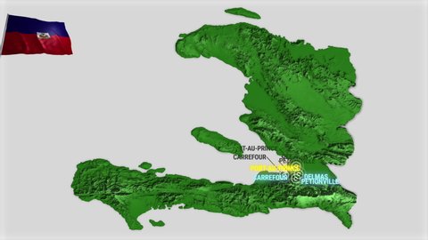Seamless looping animation of the earth zooming in to the 3d map of Haiti with the capital and the biggest cites in 4K resolution