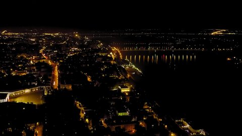 Yaroslavl, Russia. Aerial view of the central district of Yaroslavl. City lights at night, Aerial View Hyperlapse
