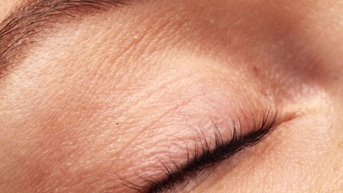 SLOW MOTION: A woman's eye with long black eyelashes after lamination. Closeup, girl's eye opening with long black eyelashes. Close-up of the human eye.
