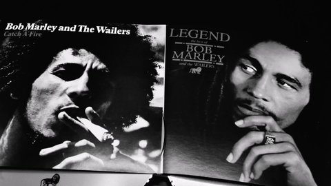 Rome, Italy - February 18, 2022, detail of the covers and cds of the Catch A Fire and Legend The Best of Bob Marley and The Wailers albums.