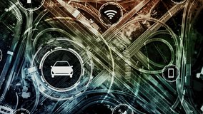 Smart transport technology concept for future car traffic on newish city road . Virtual intelligent system makes digital information analysis to connect data of vehicle on city street . - Powered by Shutterstock - Get 15% off with code: PIKWIZARD15