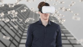 Animation of american dollars falling over caucasian businessman with vr headset. global business, finance and data processing concept digitally generated video.