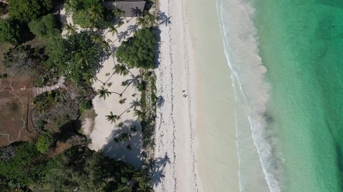 Diani beach Kenyan coast African Sea drone aerial 4k waves blue indan ocean tropical mombasa turquoise white sand East Africa palms paradise view Kenya landscape 