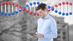 Animation of caucasian businessman using tablet over dna strand spinning. global science, business and finance concept digitally generated video. - Powered by Shutterstock - Get 15% off with code: PIKWIZARD15