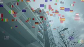 Animation of flags of various european nations and the european union over modern tower block. european union, politics, economy and communication technology concept digitally generated video.
