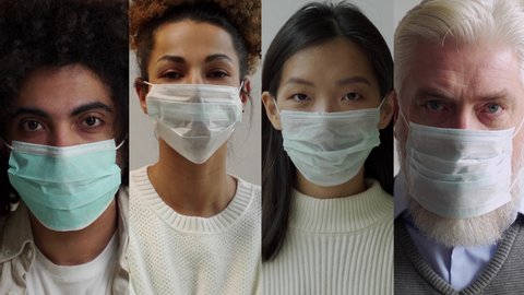 Collage of people of different nationalities and ages. Diverse races representatives put medical masks on faces to prevent virus spread. Coronavirus outbreak closeup