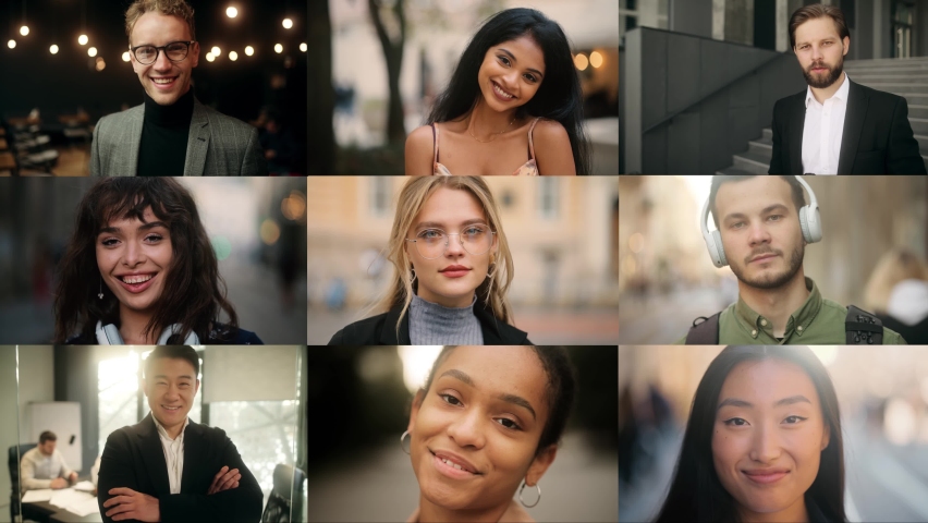 Collage of multi-ethnic diverse women and man looking at the camera. Beautiful women and attractive man of different age, background, ethnicity, beauty and hair style smiling together.