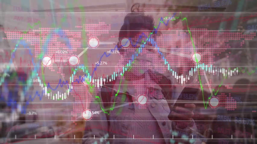 Animation of statistics and financial data processing over woman in face mask using smartphone. global business, finance and data processing during covid 19 pandemic concept digitally generated video. - Powered by Shutterstock - Get 15% off with code: PIKWIZARD15