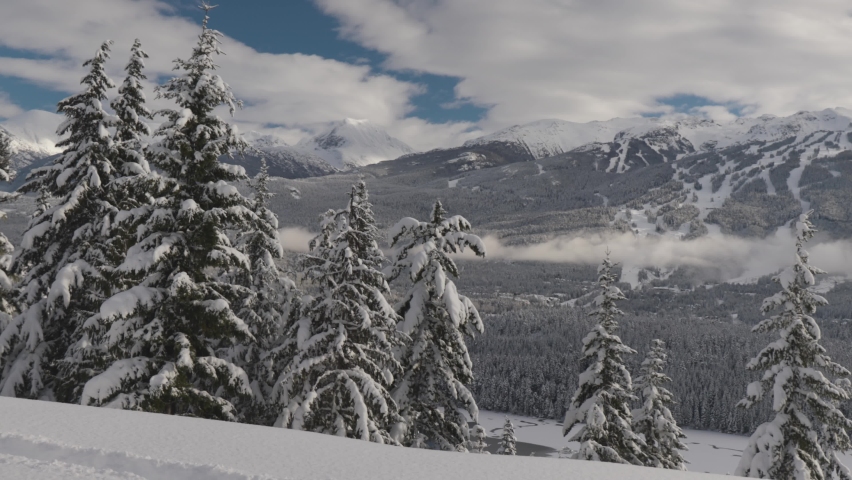 Panning shot of Whistler Blackcomb Ski Resort. British Columbia, Canada.