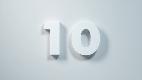 10 to 0 White Countdown. 3D digits Top ten counter. 10 second timer in simple minimal style. White numbers on white background. For intros, quiz