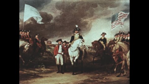 1770s: Illustrated map of the Thirteen Colonies of America. Portrait of George Washington. Painting "Surrender of Lord Cornwallis" by John Trumbull.