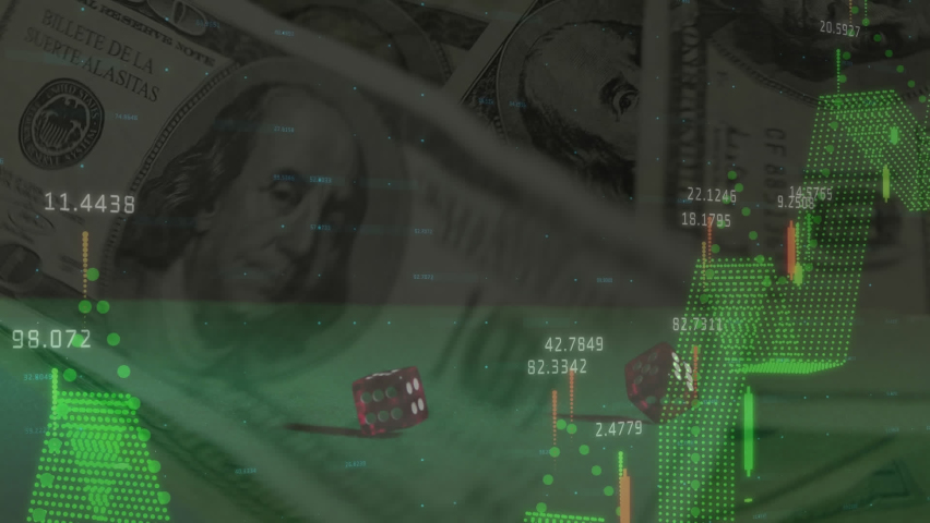 Animation of financial data processing over two dice and american dollar bills on green background. business, finance and gambling concept digitally generated video. - Powered by Shutterstock - Get 15% off with code: PIKWIZARD15