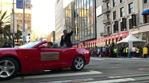 San Francisco, CA - Feb 19, 2022: 4K HD video Scott Wiener and Jose Cisneros in the Chinese New Year Parade, one of the world's top 10 parades and the largest celebration of its kind outside Asia

