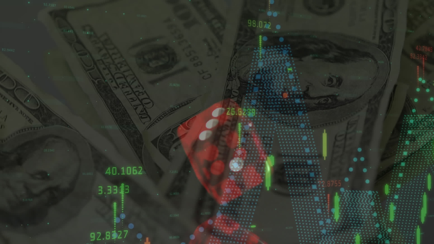 Animation of financial data processing over dice and american dollar bills in background. business, finance and gambling concept digitally generated video. - Powered by Shutterstock - Get 15% off with code: PIKWIZARD15