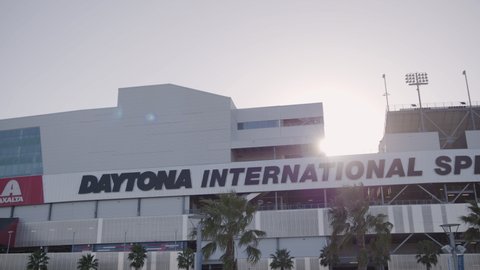 Daytona Beach, Florida - February 1, 2022: Daytona International Speedway NASCAR race track with lens flare