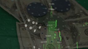 Animation of financial data processing over dice and american dollar bills on green background. business, finance and gambling concept digitally generated video. - Powered by Shutterstock - Get 15% off with code: PIKWIZARD15